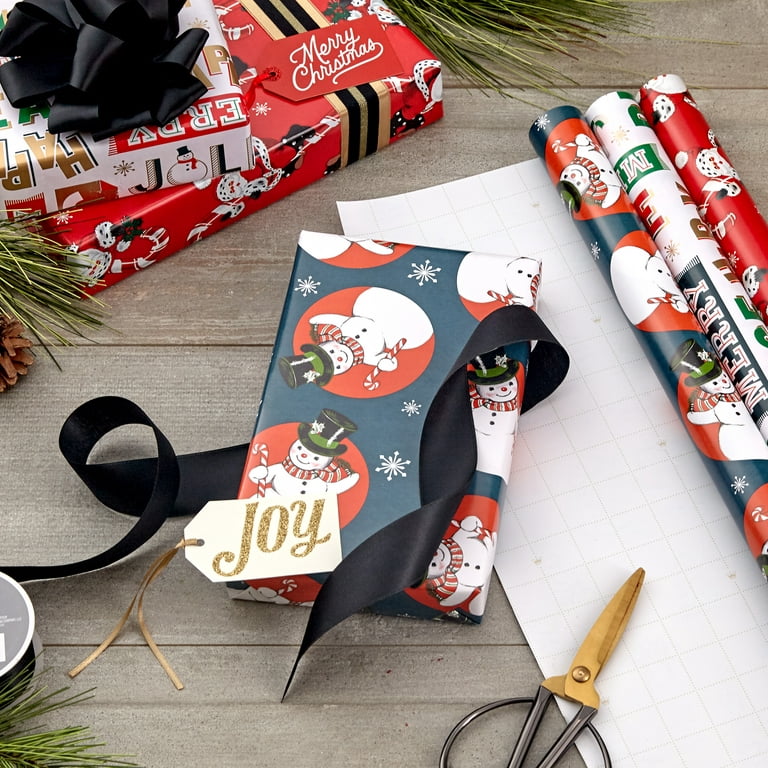 Hallmark Black Christmas Wrapping Paper with Cut Lines on Reverse (3 Rolls:  120 sq. ft. ttl) Retro Santa, Black and White Buffalo Plaid, Train and