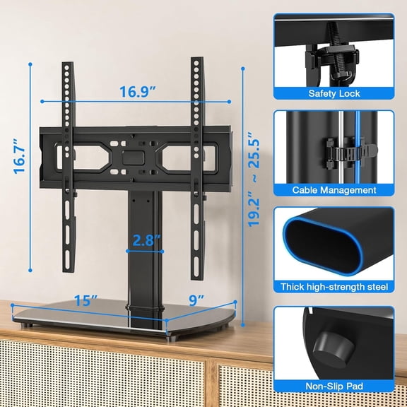 Universal Swivel TV Stand for 27-50 55 60 Inch TVs, Height Adjustable Table Top TV Stand Mount Hold up to 88 lbs, Pedestal TV Stands with Tempered Glass Base, Replacement TV Mount Stand