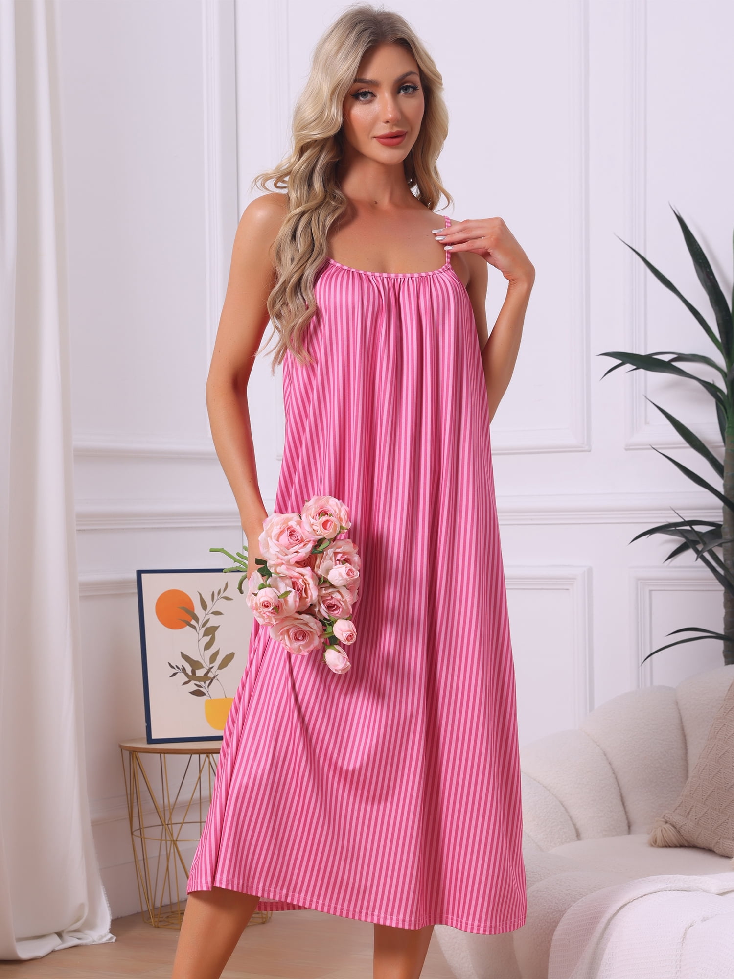 DARING DIVA Women's Spaghetti Strap Stripe Nightshirt Pajama Dress L Pink