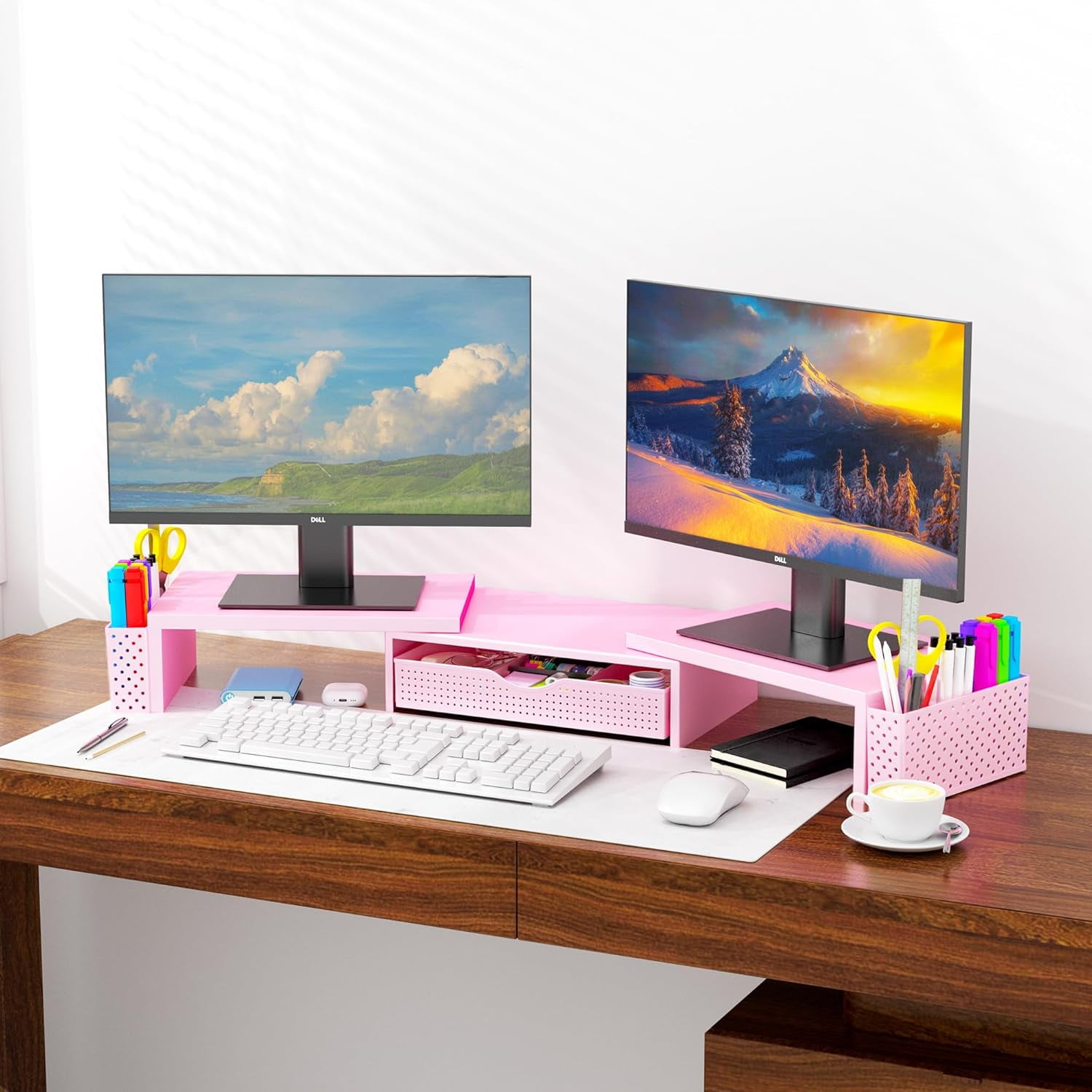 Metal Dual Monitor Stand Riser with Drawer & 2 Pen Holders - Ergonomic Desk Storage Organizer