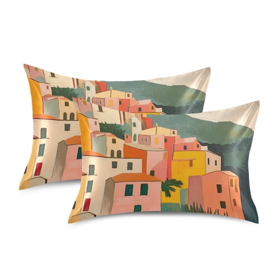 Yayeee Pillowcase Standard Size Set of 2 Satin Wrinkle Resistant Pillow Case, Pink Cityscape Painting