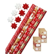 American Greetings Christmas Wrapping Paper Ensemble with Gift Tags, Red, Green and Tan, Snowmen, Plaid and Script (4-Rolls, 120 Sq. ft.)