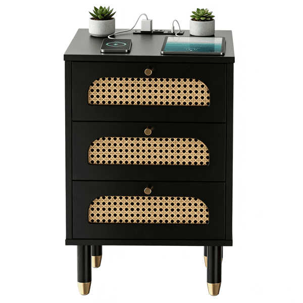 Alvantor 3-Drawer Nightstand with Built-in Charging Station, Black Rattan Accent Fronts, USB Ports and Power Outlet