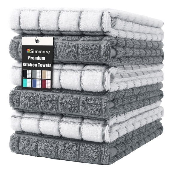 Simmore 100% Cotton Terry Kitchen Towels, Super Soft Absorbent Dish Towels and Dish Cloths for Kitchen Washing and Drying, 6-Piece Set, 16x28 Inches, Grey