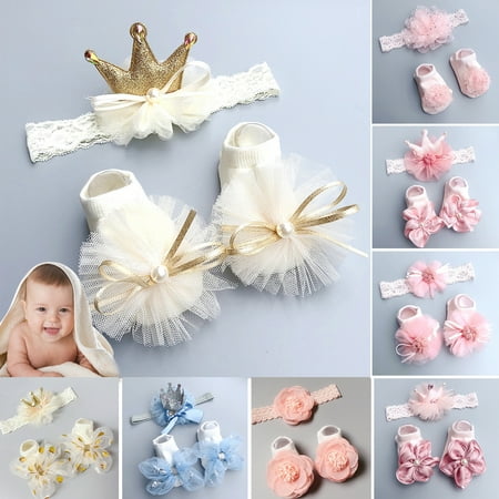 

Waroomhouse 1 Set Baby Sock Headband Lace Hem Breathable Bright-Colored Newborn Girl Head Bands Crown Socks Kit for Kids