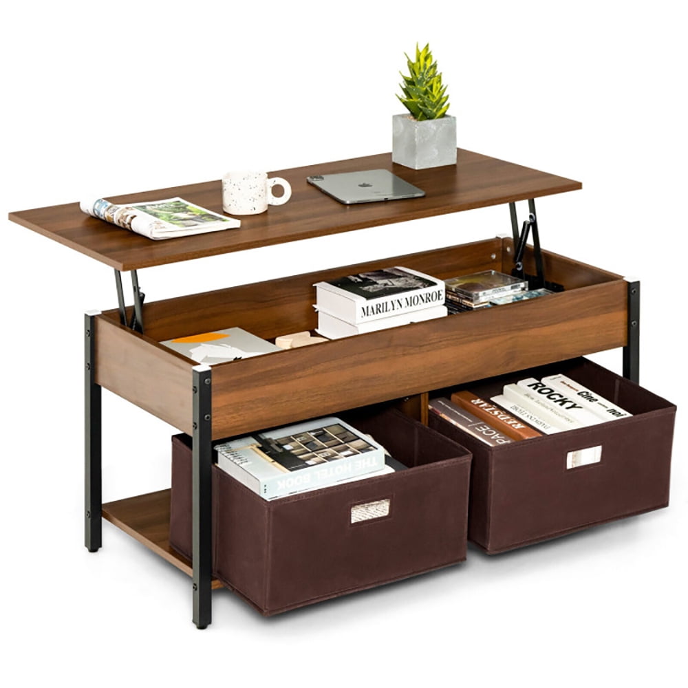 Finihen Rectangular Coffee Table, Lift Top Coffee Table, Central Table with Drawers and Hidden Compartment, for Living Room, Reception Room, Brown