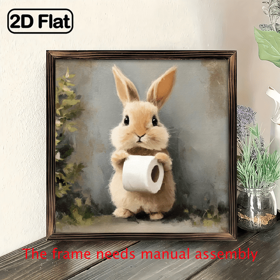 1pc Rustic Farmhouse Wooden Wall Decor - Cute Rabbit Holding Toilet Paper Art, 8x8 inch Recycled Wood Sign for Bathroom, Living Room, Bedroom, Entryway, Vintage Home Decoratio.