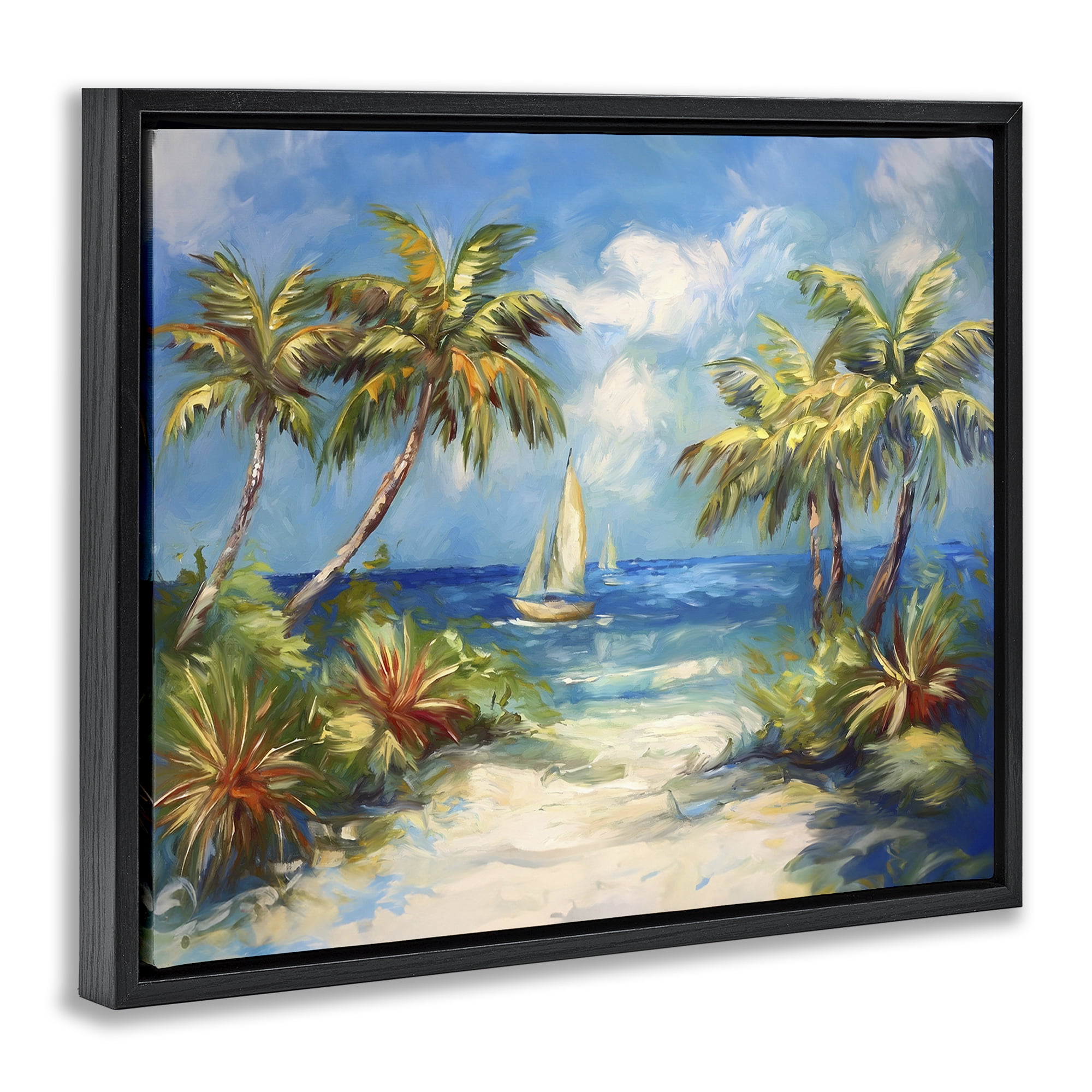 Stupell Industries Tropical Paradise Harbor Coastal Painting Black Floater Framed Canvas Art Print Wall Art, 31 x 25