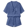 thumbnail image 4 of Costeam Womens Two Piece Outfit Tie Knot V Neck Short Sleeve Top and Elastic Drawstring Waist Shorts Set Linen Blend Matching Set with Pockets, 4 of 9