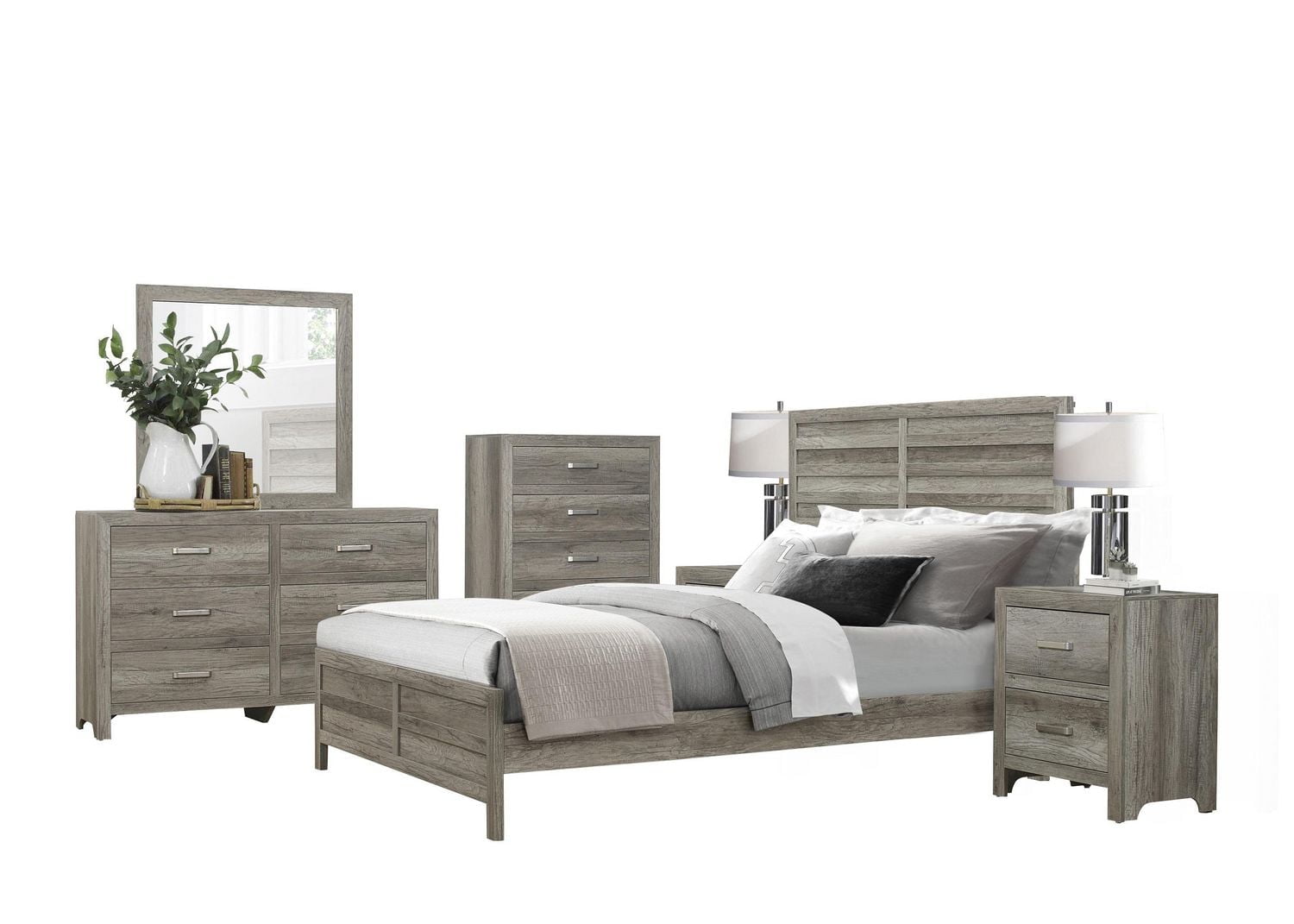 Topline Home Furnishings Ensemble de chambre à coucher pour très grand lit 6 pièces gris patiné