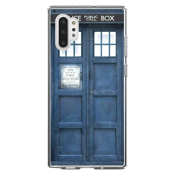 DistinctInk Clear Shockproof Hybrid Case for Galaxy Note 10 PLUS (6.8" Screen) - TPU Bumper, Acrylic Back, Tempered Glass Screen Protector - TARDIS Call Box Photograph