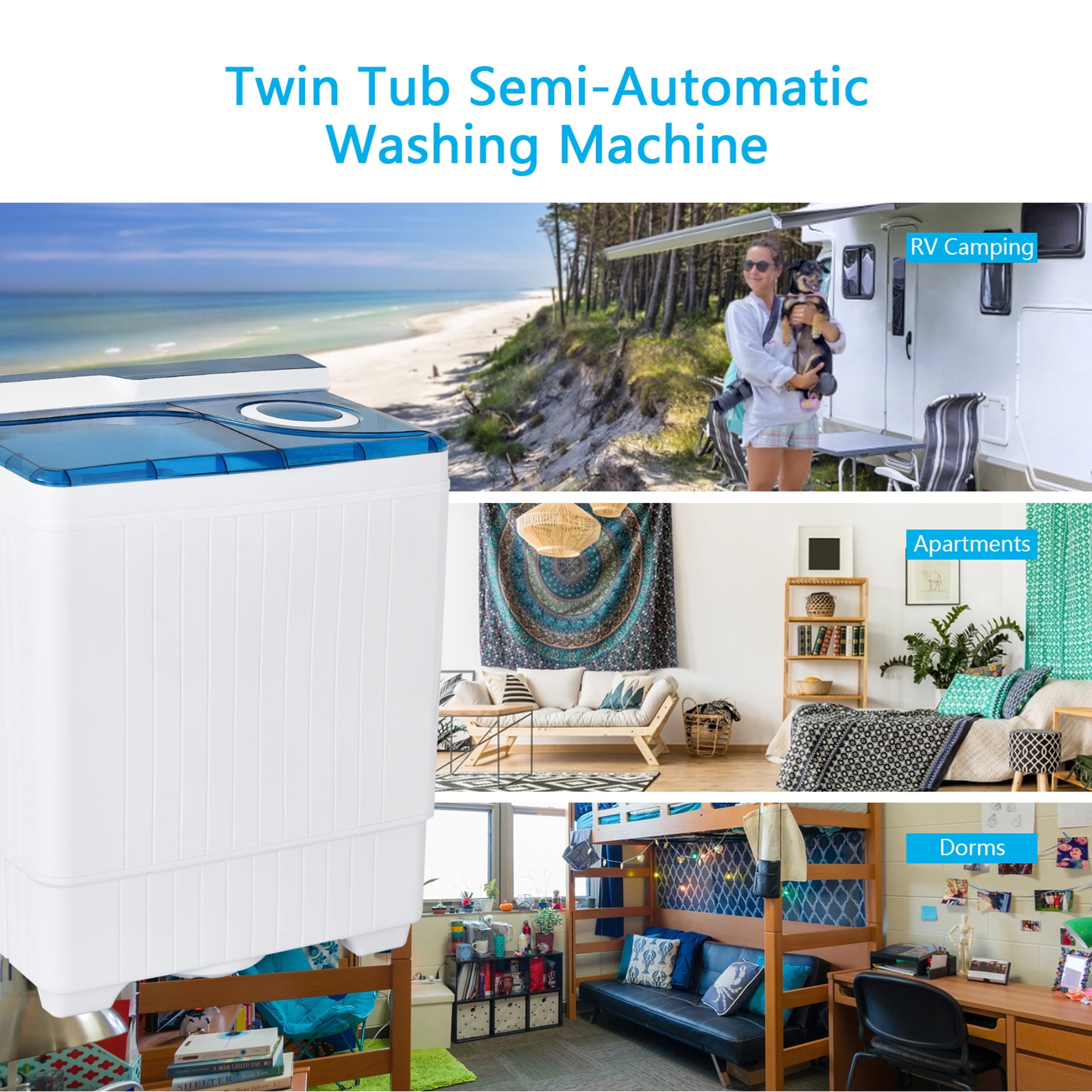 Gymax Portable Semi-automatic Washing Machine 26 lbs Twin Tub Laundry Washer Blue
