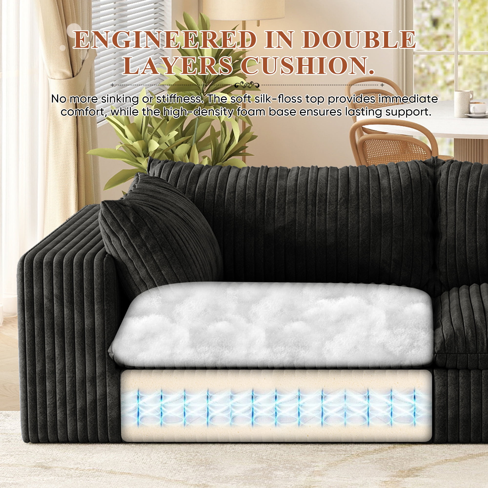 Muumblus 157" Oversized 4-Seater Boneless Sofa, No Assembly Deep Seat Corduroy Cloud Couch, Sleeper Sofa for Living Room, Black