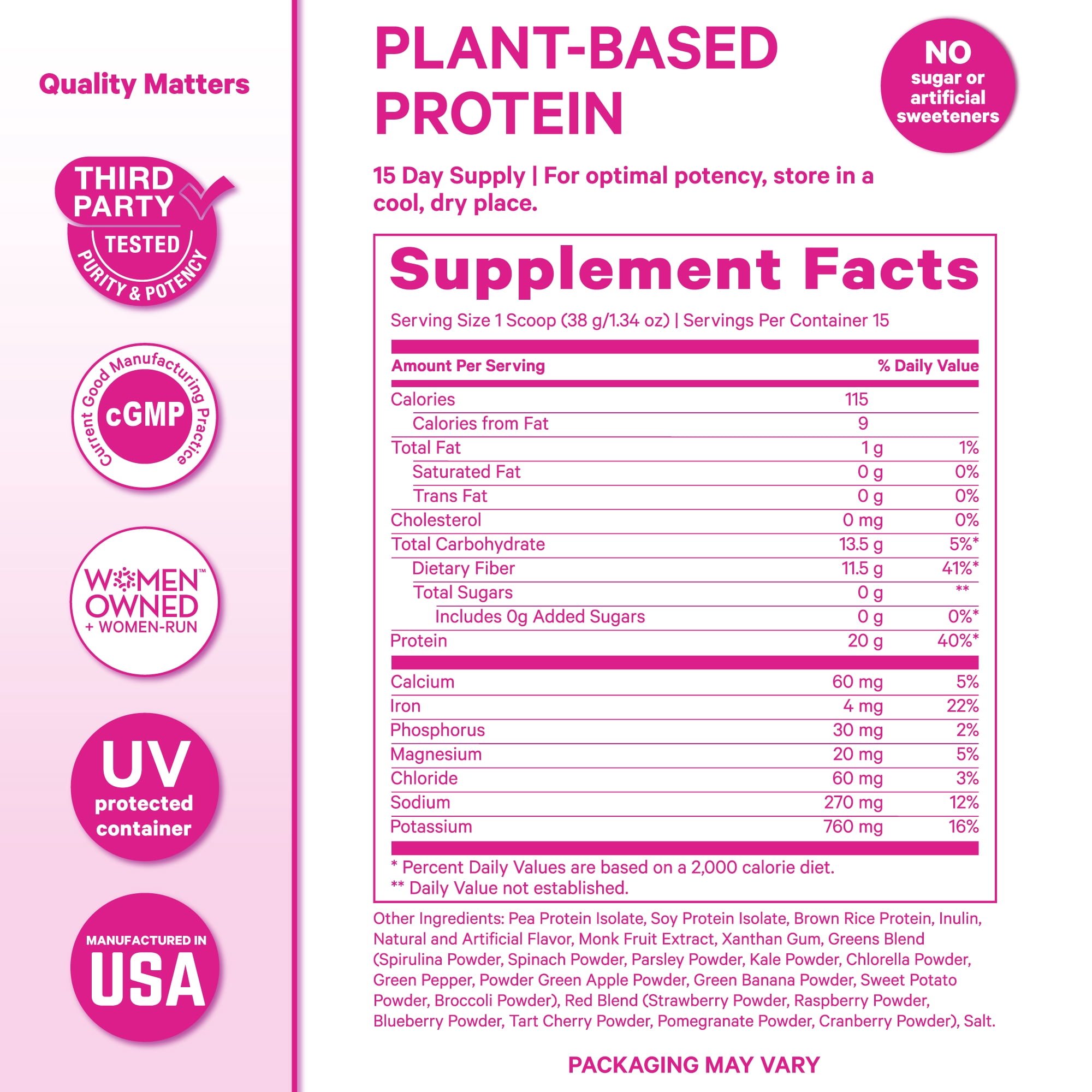 Pink Stork Protein Powder for Women, 20g Plant Based Protein Powder with Fiber + Superfoods, Gluten Free, Dairy Free, Sugar Free, Vanilla Protein Shake - 15 Scoops