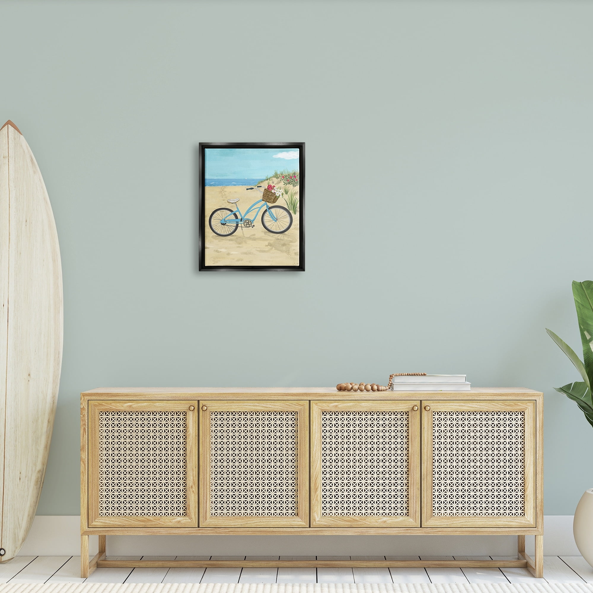 Stupell Industries Blue Bicycle Flower Blossom Basket Beach Sand Painting Jet Black Floating Framed Canvas Print Wall Art, Design by Sharon Lee