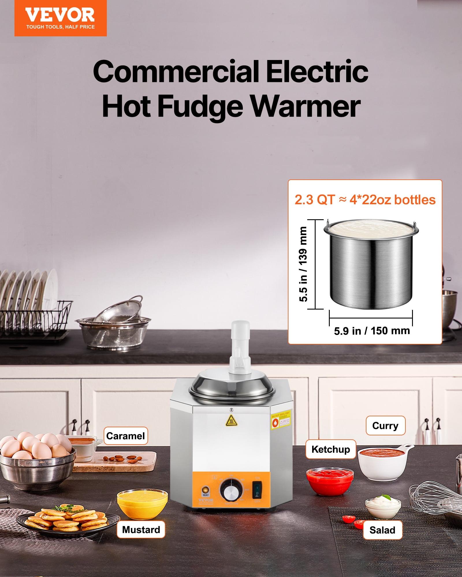 VEVOR Electric Cheese Dispenser with Pump, 2.4L Commercial Hot Fudge Warmer, Plastic Pump Dispenser, 86-230℉ Temp Adjustable Nacho Cheese Sauce Warmer, for Hot Fudge Cheese Caramel