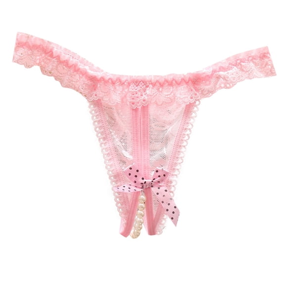 Puliio Women's Lace Pearl Decor Open‑Back Underwear Sexy Ruffled Bow G‑String Thong Panties