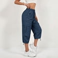 thumbnail image 5 of Women's Lightweight Capri Cargo Pants Drawstring Elastic Waist Cropped Wide Leg Pants Adjustable Hem Baggy Sweatpants with Pockets Blue, 5 of 6