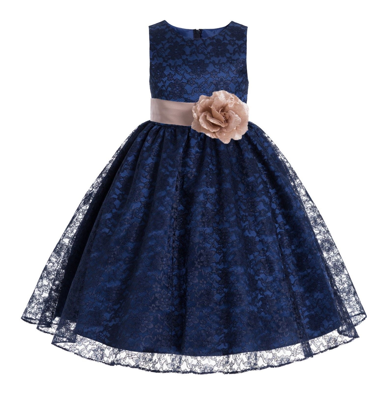 Navy Blue Floral Lace Overlay Formal Flower Girl Dress Pageant 163S ...