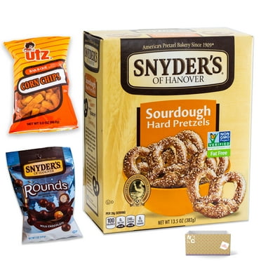 Snyder's Sourdough Hard Pretzels (1, 13.5oz pack) - Chocolate Covered Pretzel Rounds (1, 5oz bag) - BBQ Corn Chips (1, 3.5oz bag) - Gourmet Snack Bundle - 3 Items Total