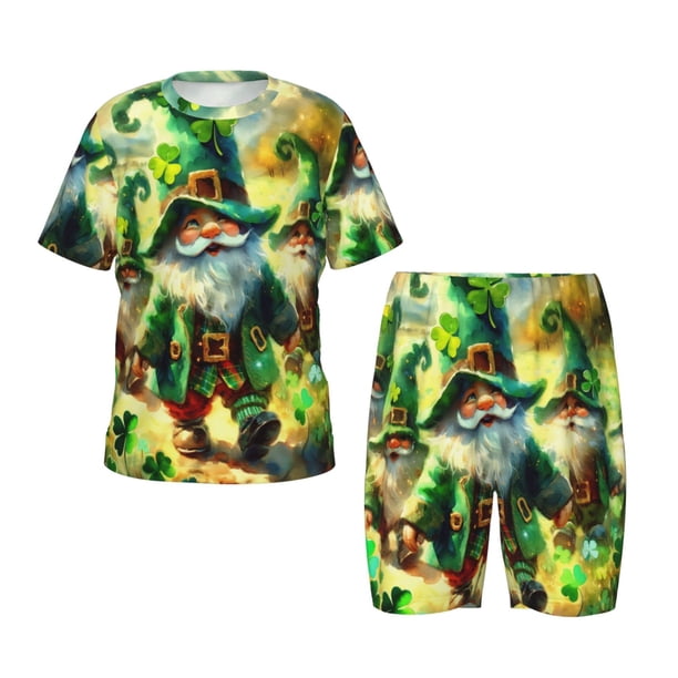 Fotbe st. patrick’s day gnomes Pijama Estampada de 2 Piezas para Niños – Ropa de Dormir de Manga Corta Cómoda para Niños y Niñas, Camiseta y Shorts de Algodón-X-Large