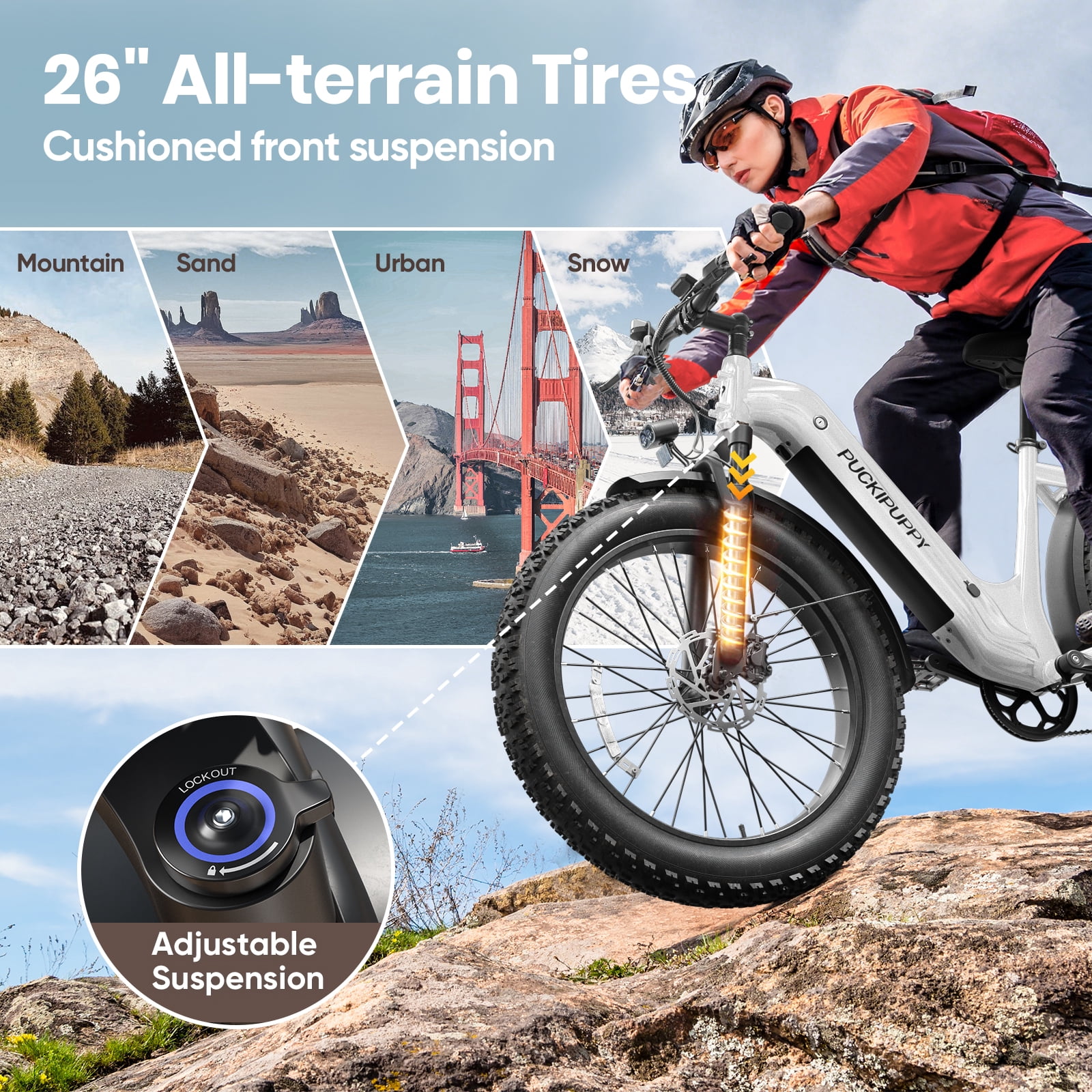 PUCKIPUPPY 960W Peak Electric Bike for Adults Step Through E-Bike 28mph Max Speed 60Miles Range 26" Fat Tire Electric Mountain Bike 48V 15AH Battery 7 Speed off-Road Ebike, Comply with UL2849 By SGS