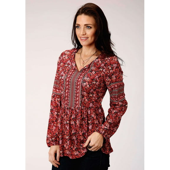 Roper Womens Red Floral Print Long Sleeve Western Shirt
