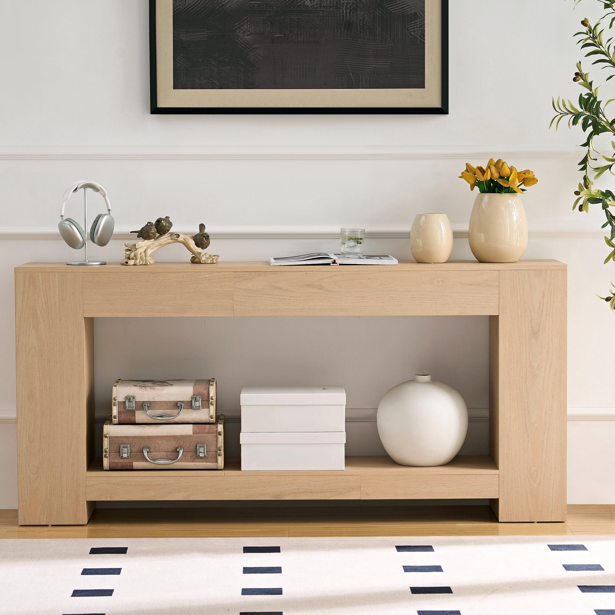 AENKYO 63" Farmhouse Console Table with Storage Shelf, Extra Long 2-Tier Sofa Table for Entryway, Light Oak