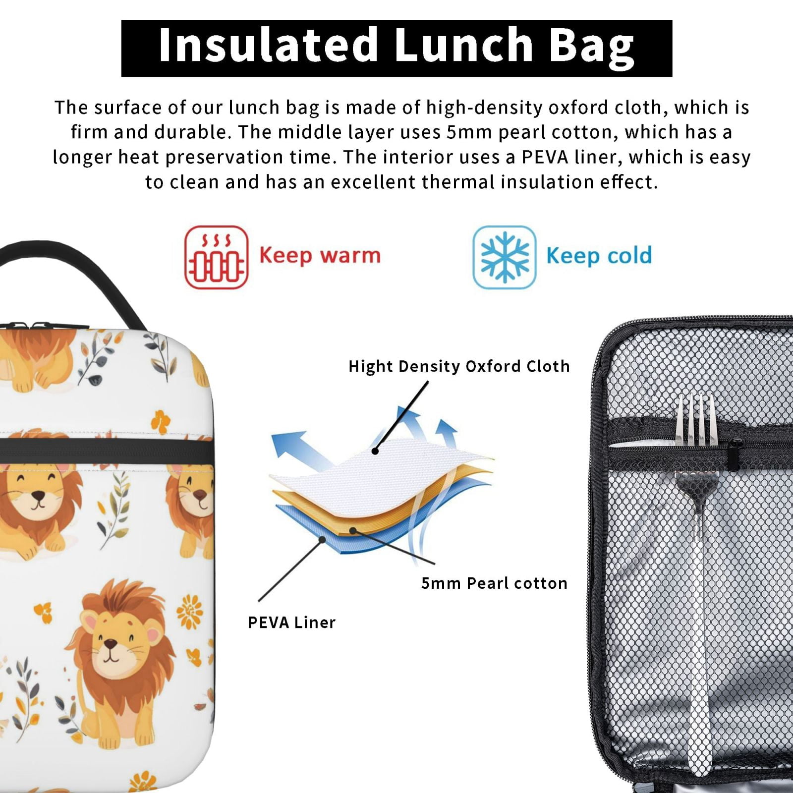 Lunch Bag For Women Men Insulated Portable Lunch Box Bento Box Office Picnic Travel Cooler Bag Cute Little Lion