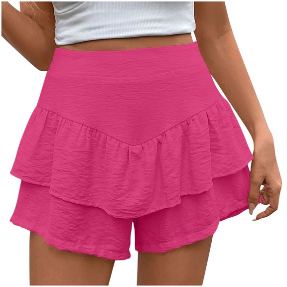 Yanyanz Shorts for Women, Flowy Shorts for Women Casual Boho Ruffle Tiered Skorts High Waist Skirts Tennis Going Out Trendy Shorts, The Big Short Hot Pink S