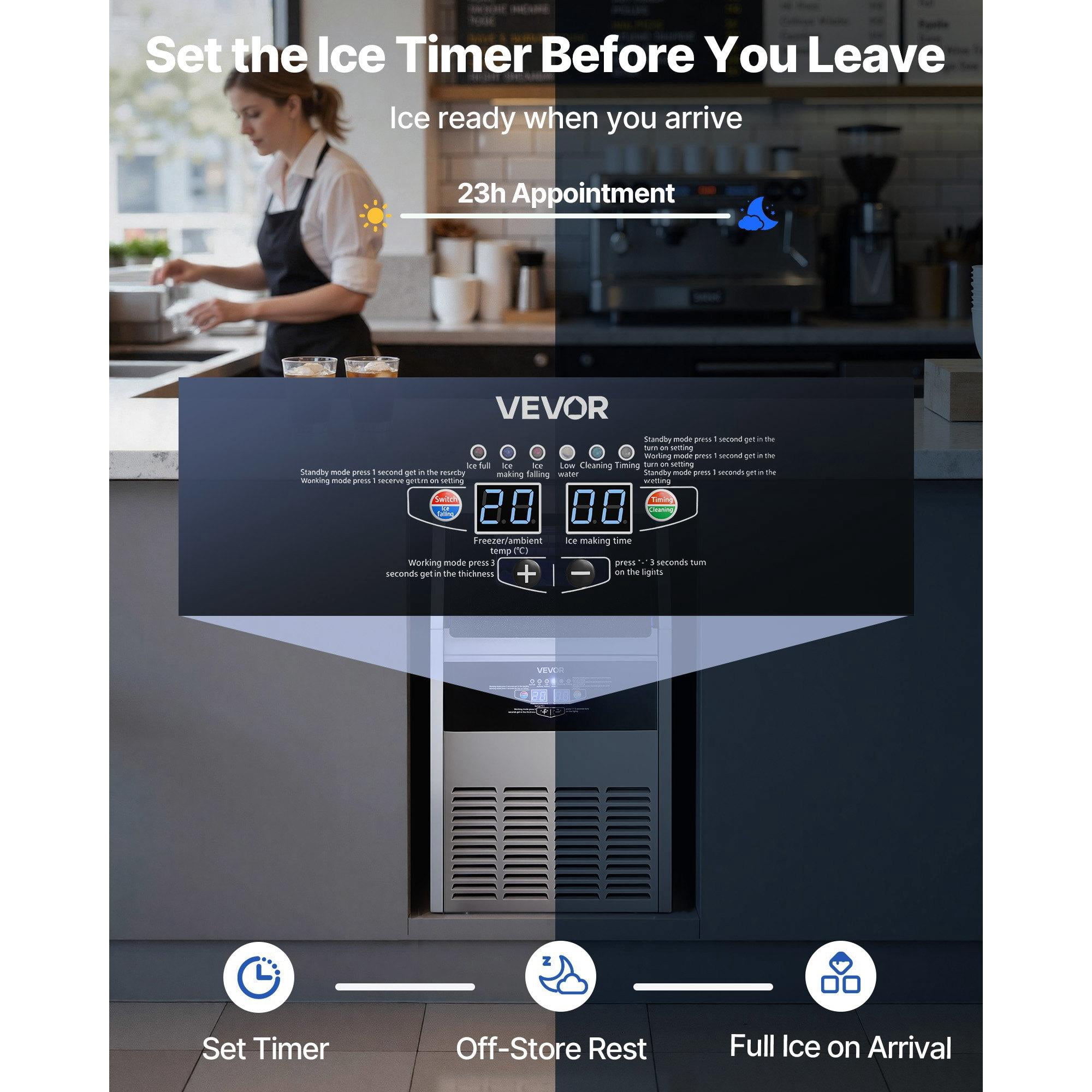 Commercial Ice Maker, 130 lbs/24H, 30 lbs Storage, Under Counter Freestanding Stainless Steel Ice Maker with LED Display & Self-Cleaning