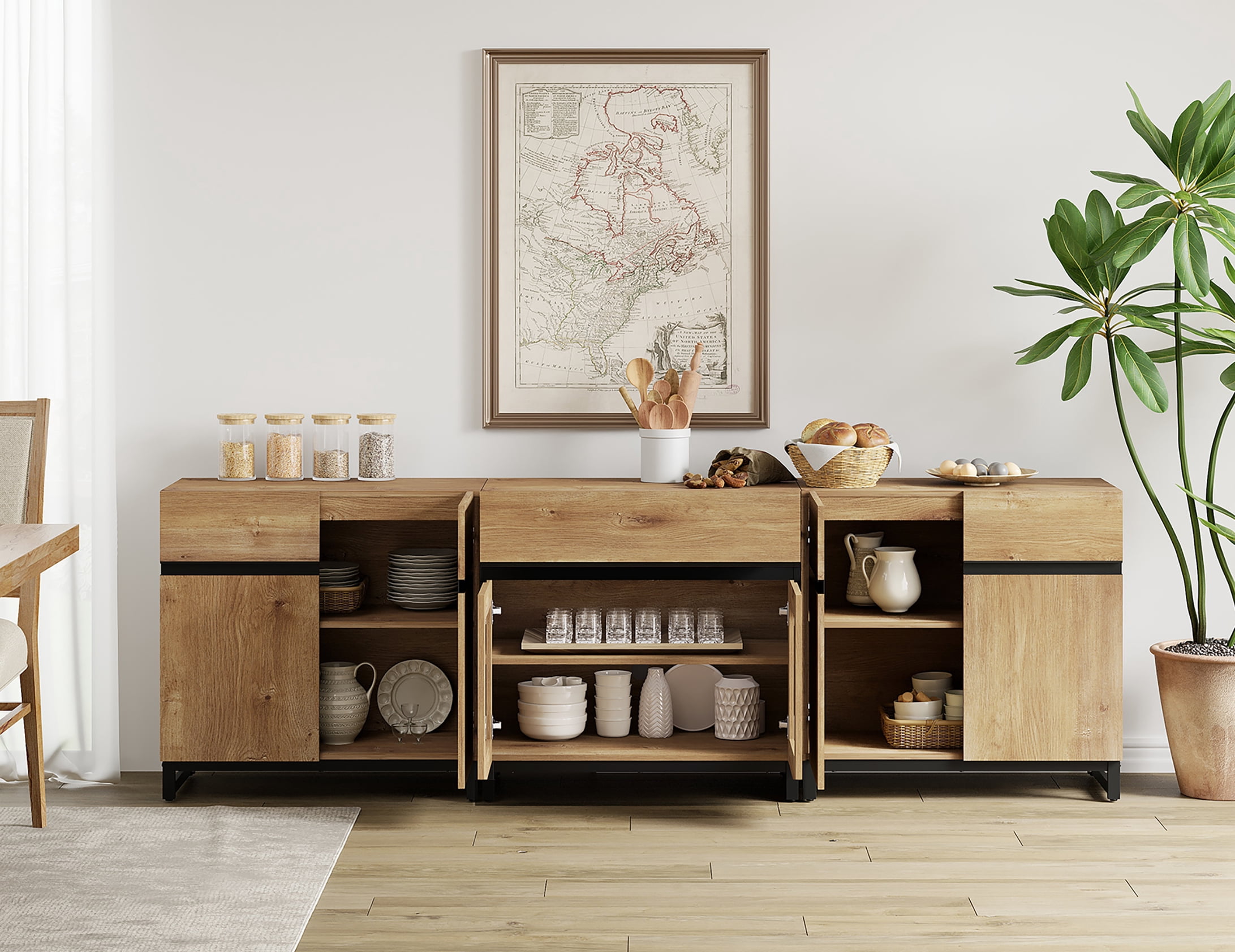 3 In 1 Sideboard Buffet Cabinets With Glass Doors And 1 Drawers, Modern Sideboard Credenza With Adjustable Shelf And Metal Base, Coffee Bar Cabinet Storage Cabinet,Oak