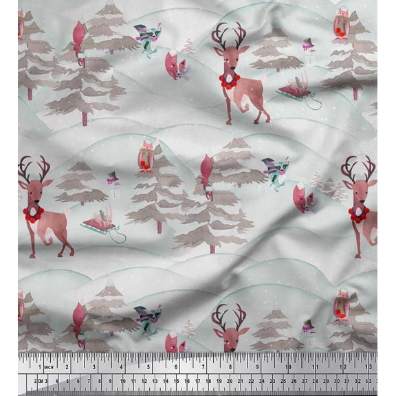 Soimoi Orange polyester Crepe Fabric Animals,Tree & Snow Nature Printed Fabric 1 Yard 42 Inch Wide
