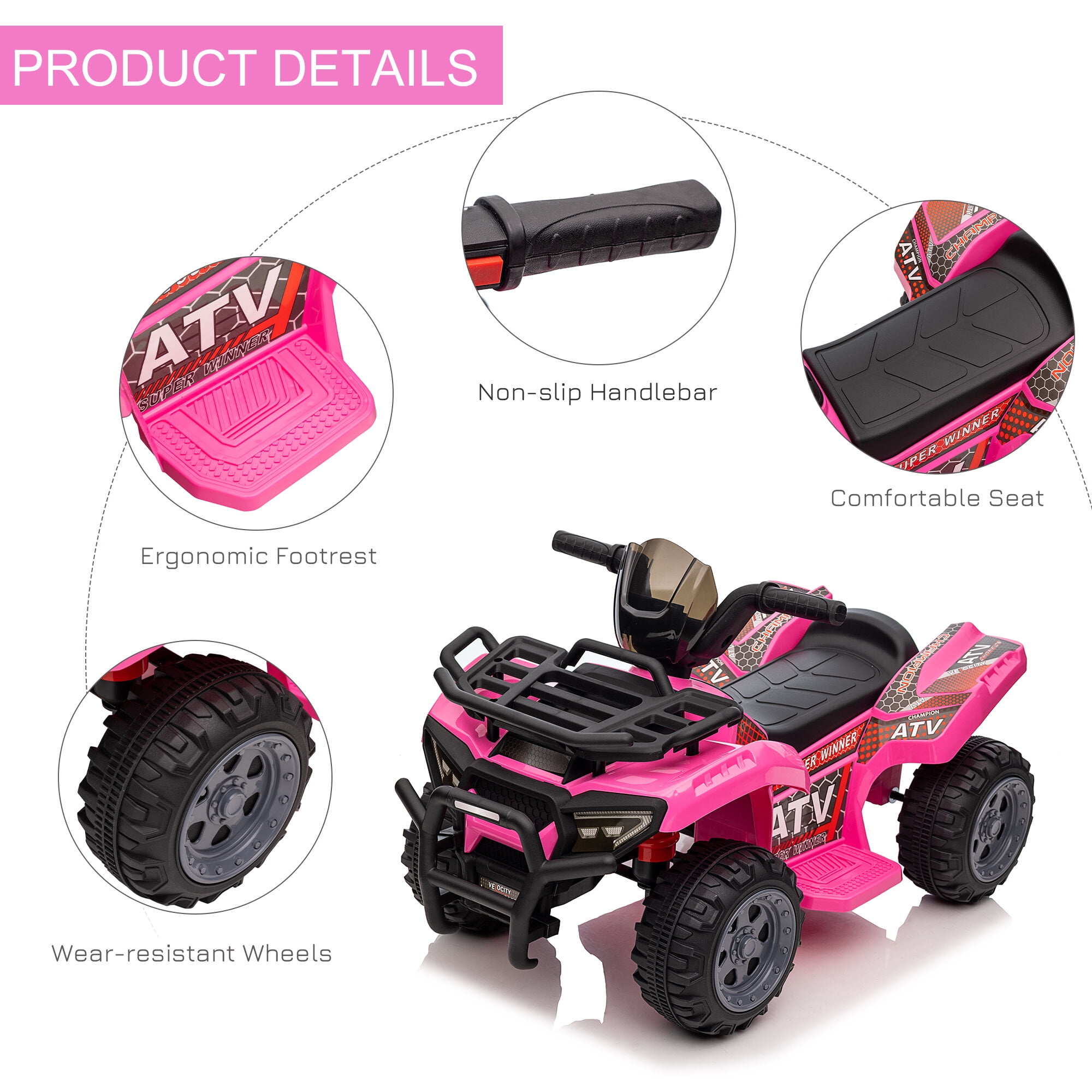 Bikes Aosom ATV Four Wheeler Ride on Car, Motorized Quad, 6V Battery Powered Electric Quad with Songs for 18-36 Months, Pink, Riding Toys