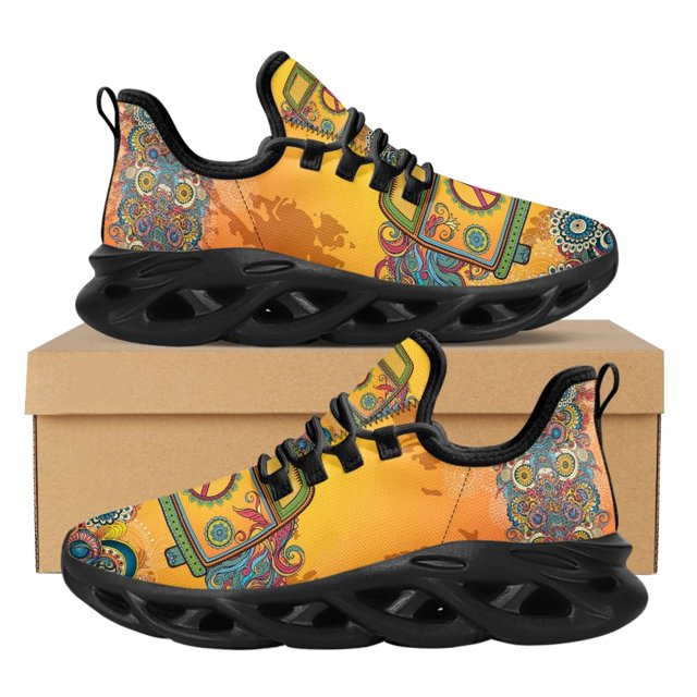 Zapatos de exterior ligeros con estampado de girasol y diseño de logotipo de paz de moda, cómodos y transpirables con cordones para correr
