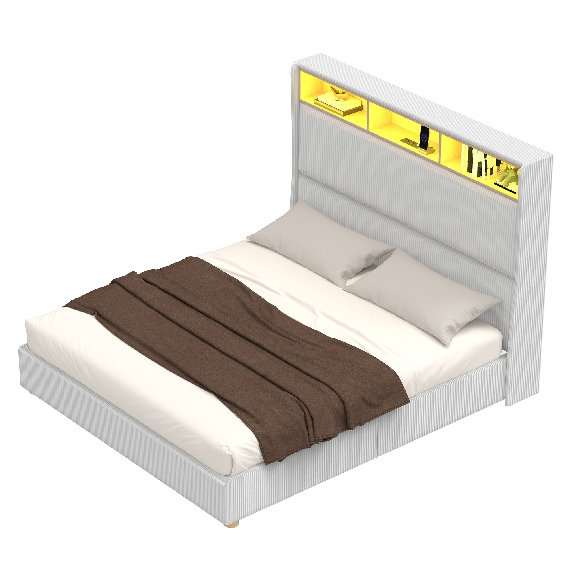 Uforic Upholstered Bed Frame with Tall Headboard & LED Lights, King Size, White