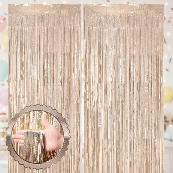 Champagne Gold Tinsel Foil Fringe Curtains, Metallic Tinsel Party Streamers Backdrop for Party Decorations