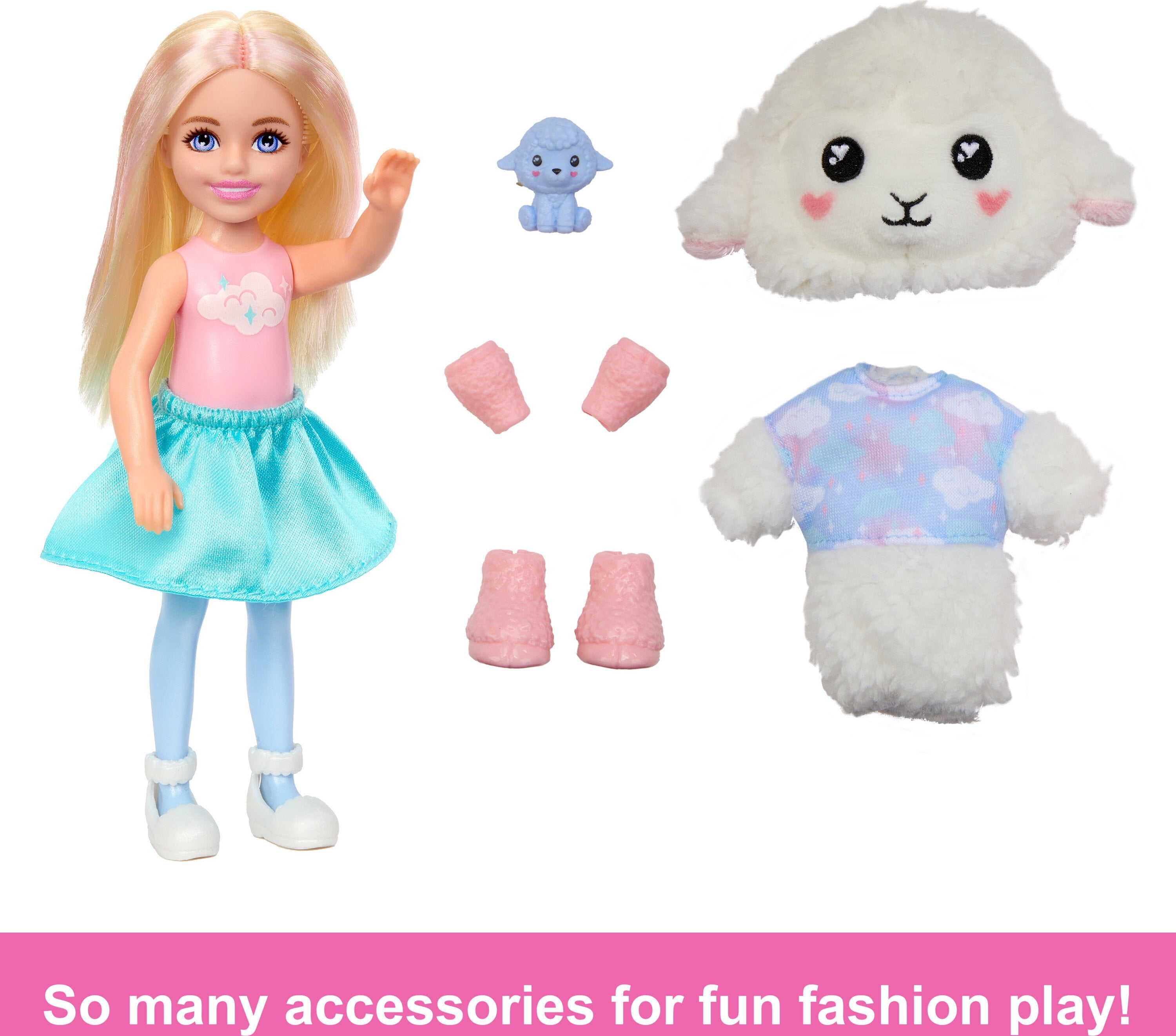 Barbie Cutie Reveal Cozy Cute Tees Series Chelsea Doll & Accessories, Plush Lamb, Blonde Small Doll