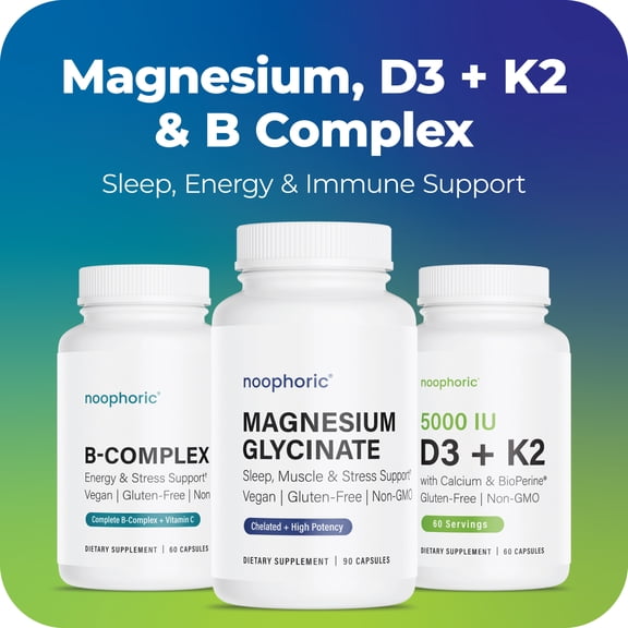 Noophoric Magnesium Glycinate 2500mg   Vitamin D3 K2   Vitamin B Complex Supplement Bundle for Sleep, Energy & Immune Support, 210 Capsules