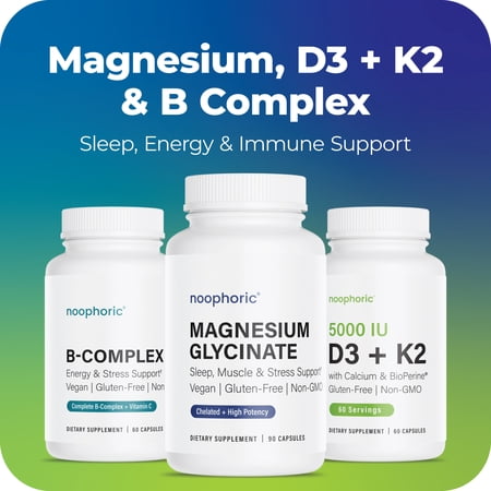 Noophoric Magnesium Glycinate 2500mg + Vitamin D3 K2 + Vitamin B Complex Supplement Bundle for Sleep, Energy & Immune Support, 210 Capsules