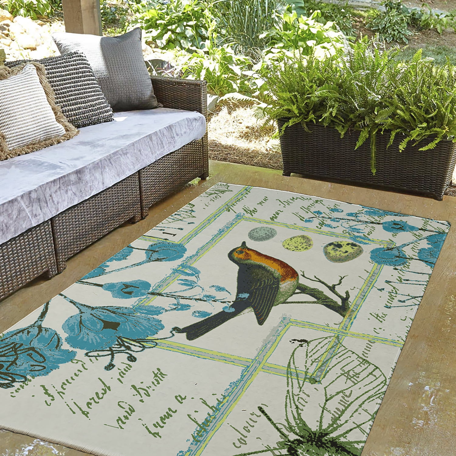 Simply Daisy 3' x 5' Explorer Blue Singing Bird Spring Chenille Indoor/Outdoor Rug