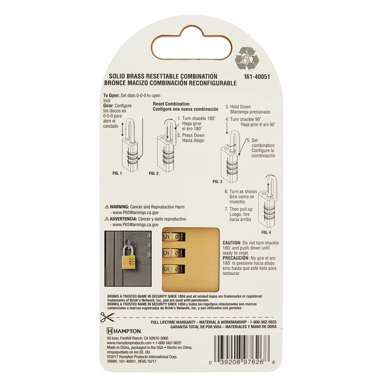Brinks Solid Brass 40mm Resettable Combination Padlock with 1 3