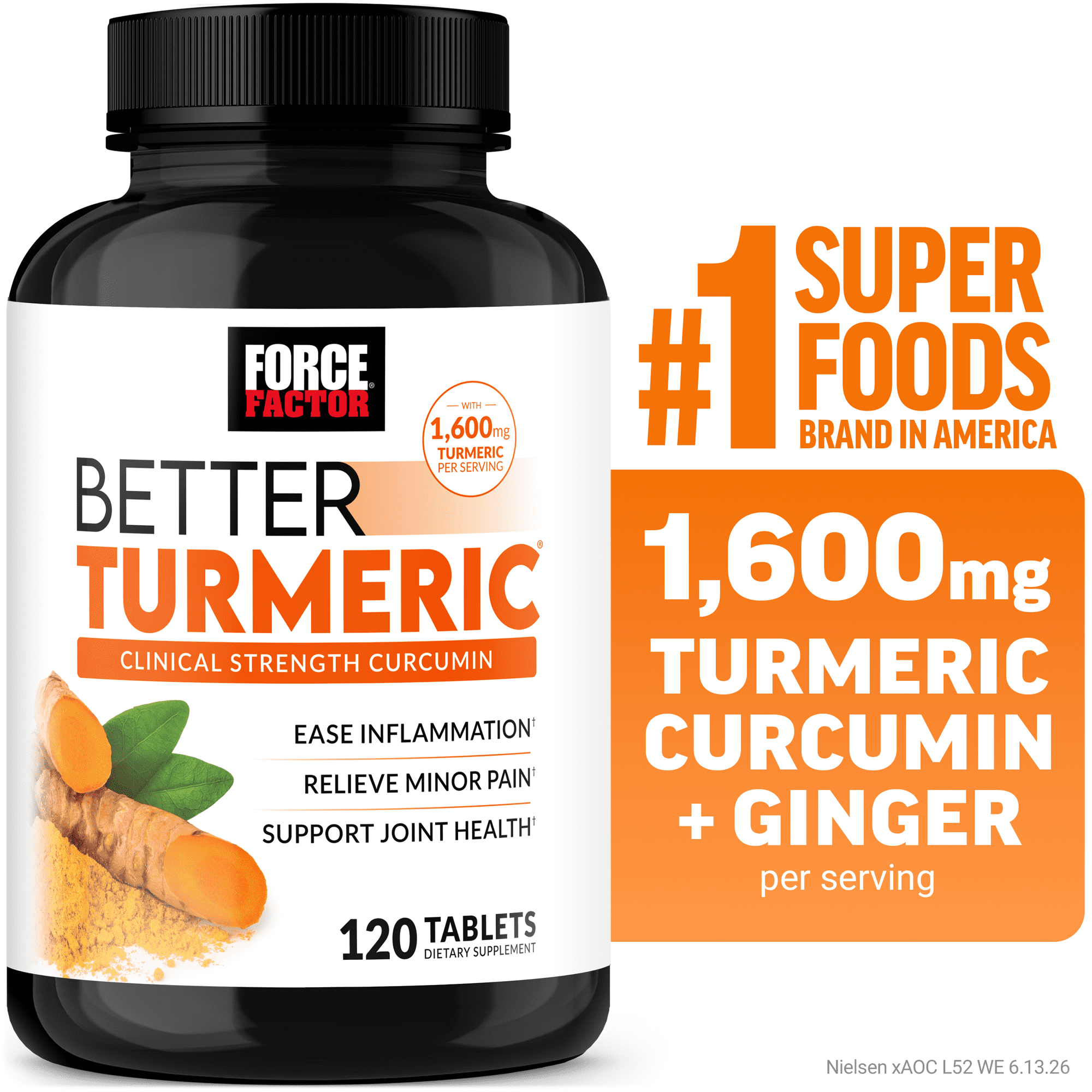 Force Factor Better Turmeric, 1600mg Turmeric Curcumin Supplement with Ginger for Joint Health & Inflammation Support, Clinical Strength, 120 Tablets