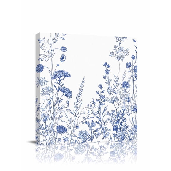 Blue Flower Canvas Wall Art, Spring Wildflowers Blue White Line Botanical Vintage Framed Wall Decor Modern Artwork Prints Painting for Living Room, Bedroom, Kitchen & Cafe Decor 16x16 Inch