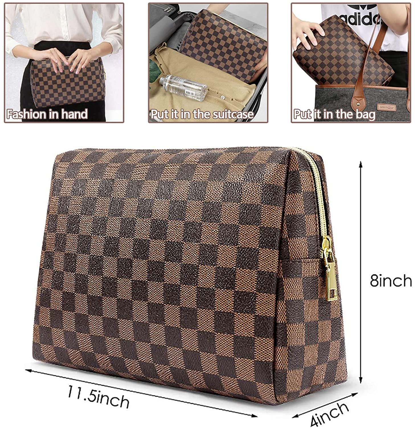T.SHEEP Checkered Makeup Organizer Cosmetic Bags Woman Portable Toiletry  Travel Bag with Adjustable Partition For Tools , Jewelry ,Brown 