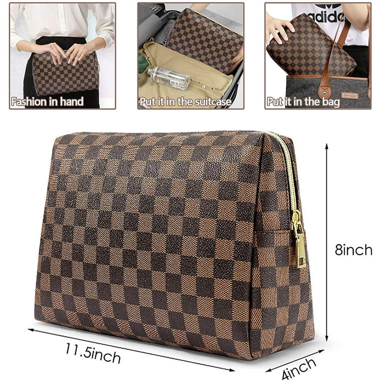 Makeup Bag for Women Checkered Travel Case Leather Cosmetic