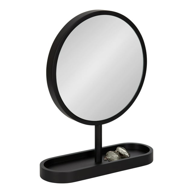 Kate and Laurel Travis Modern Tabletop Mirror, 17 x 21, Black, Freestanding Round Mirror with Small Decorative Tray for Catch All Storage and Table Decor