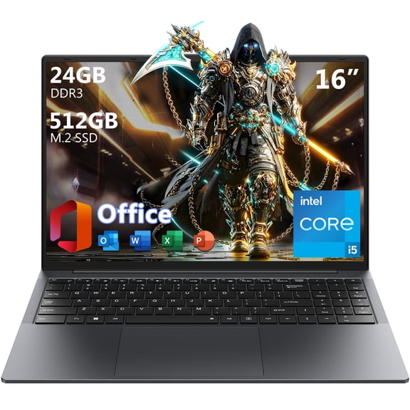 16" Laptop Computer,Intel Core i5,24GB RAM 512GB SSD,Windows 11 Pro Notebook PC,MS Office 2024,100% sRGB Color Gamut FHD Display,Dual Band Wi-Fi,Webcam