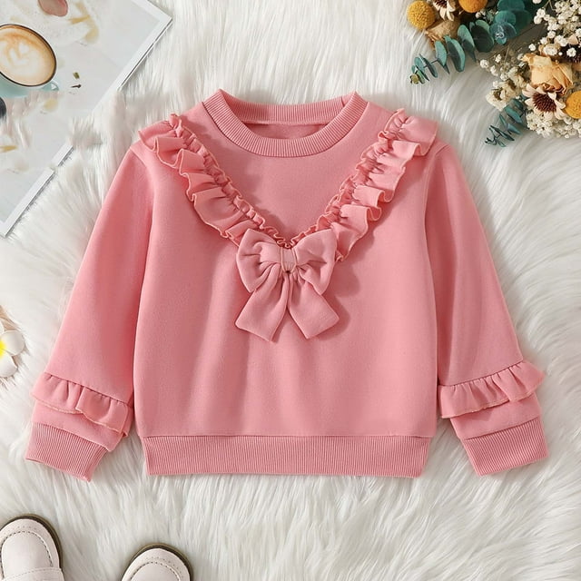 Cowsor Toddler Baby Girl Soft Thick Crewneck Ruffle Tops Infant Girls Cotton Long Sleeve T-Shirt