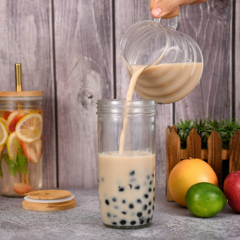 Glass Cups with Bamboo Lids and Straws 4pcs Set, Iced Coffee Cups, Cute  Tumbler